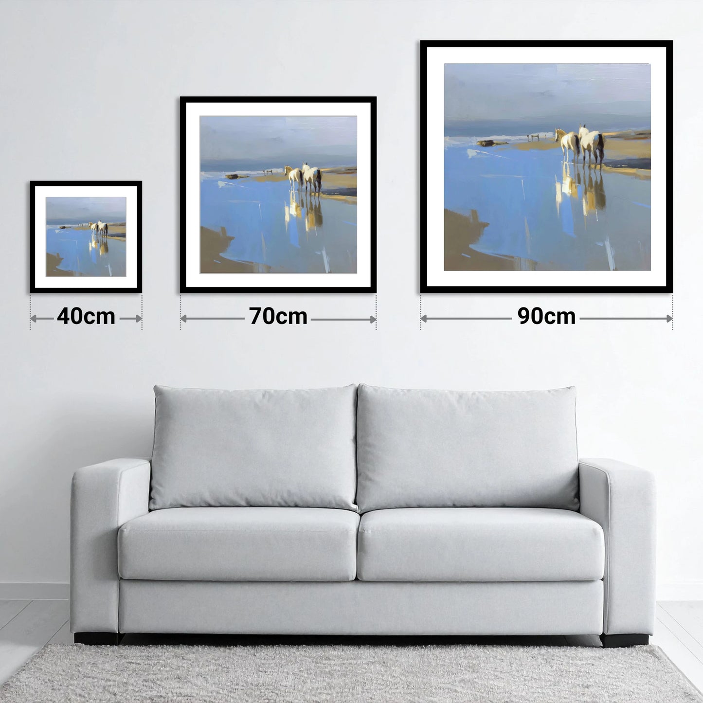 Sunlit Coastal Reflections - size guide showing 40cm, 70cm and 90cm art prints