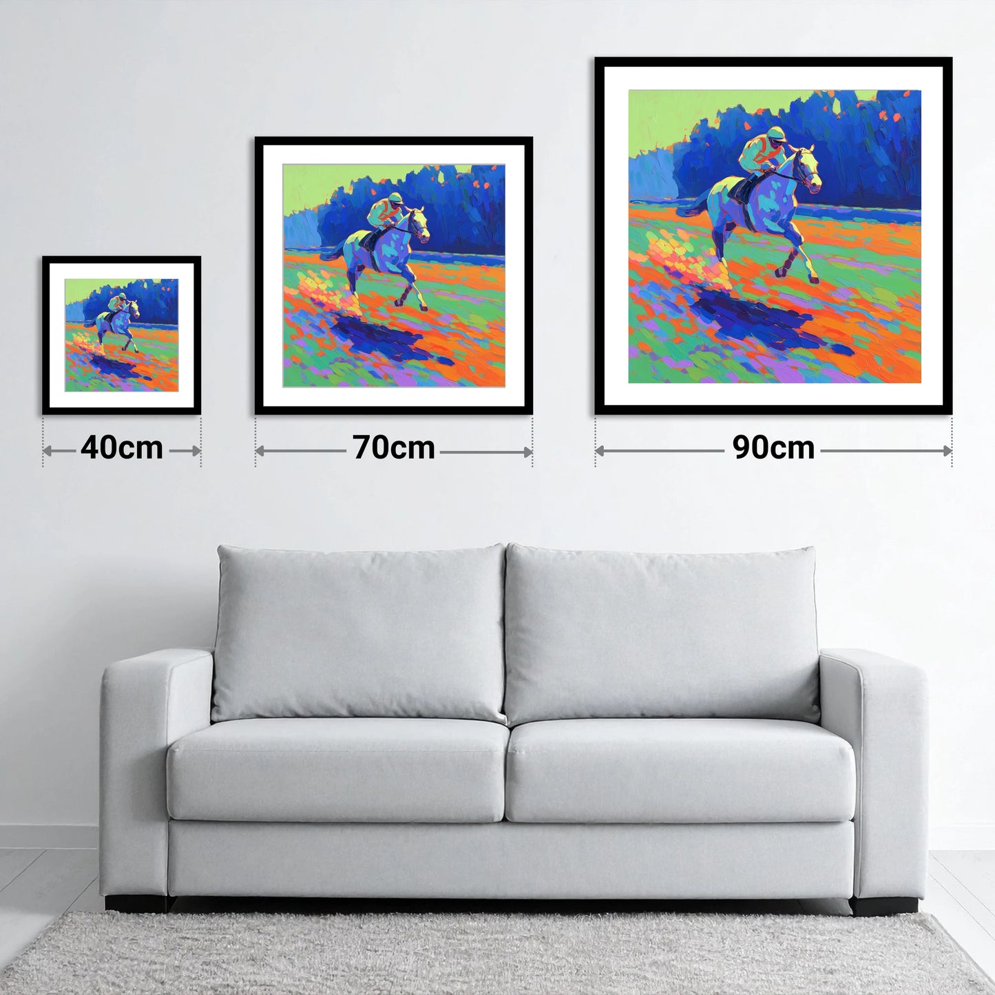 The Vibrant Gallop - size guide showing 40cm, 70cm and 90cm art prints
