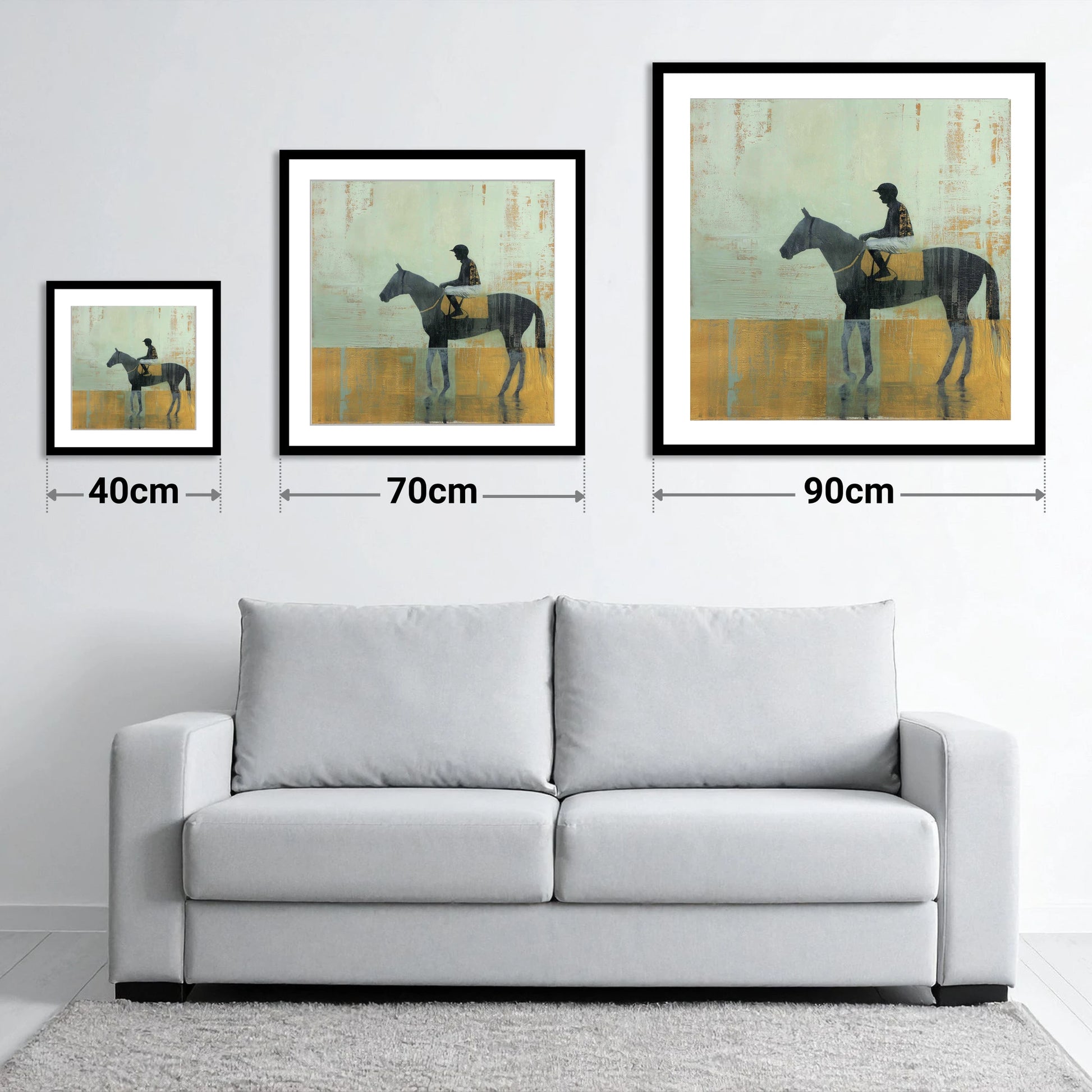 Golden Turf Reflections - size guide showing 40cm, 70cm and 90cm art prints