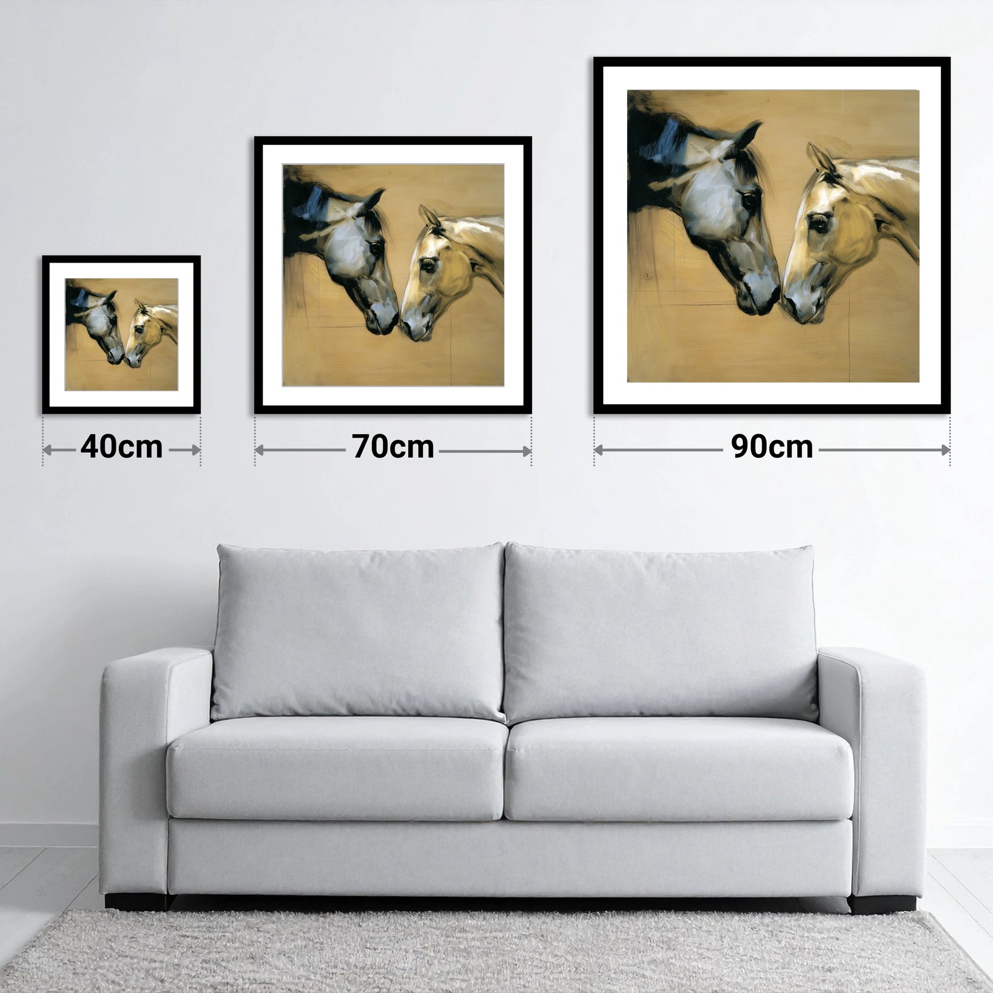 A Gentle Meeting - size guide showing 40cm, 70cm and 90cm art prints