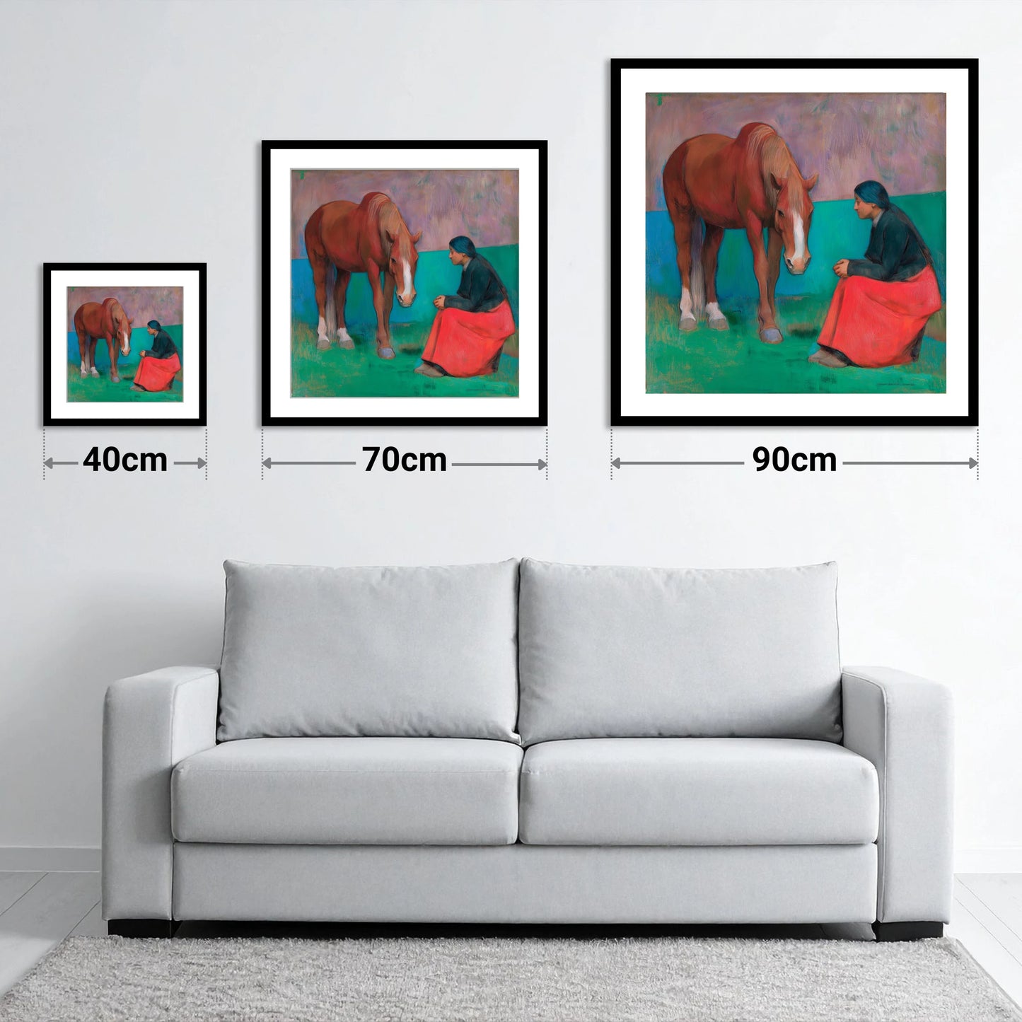 The Silent Dialogue - size guide showing 40cm, 70cm and 90cm art prints