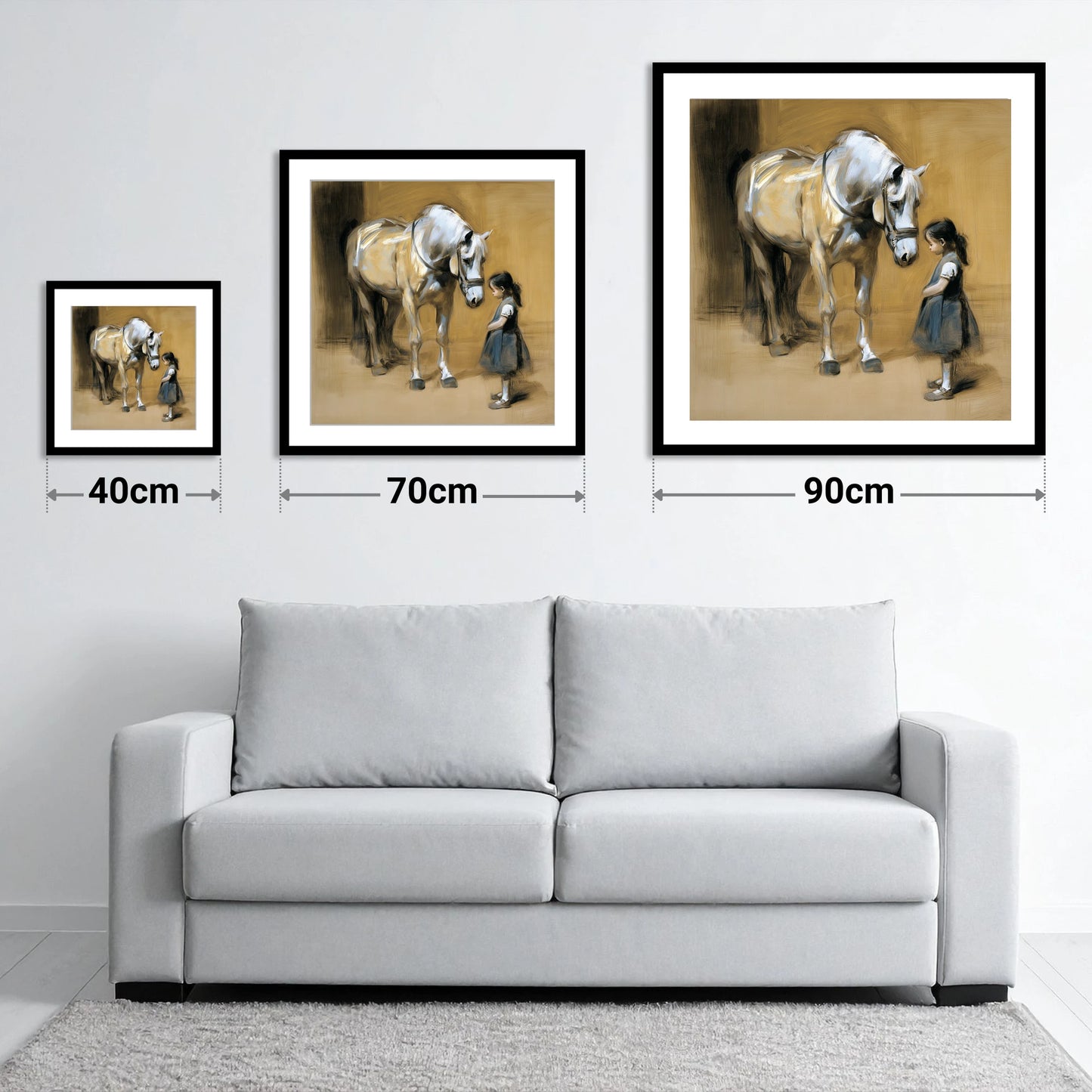 A Quiet Greeting - size guide showing 40cm, 70cm and 90cm art prints