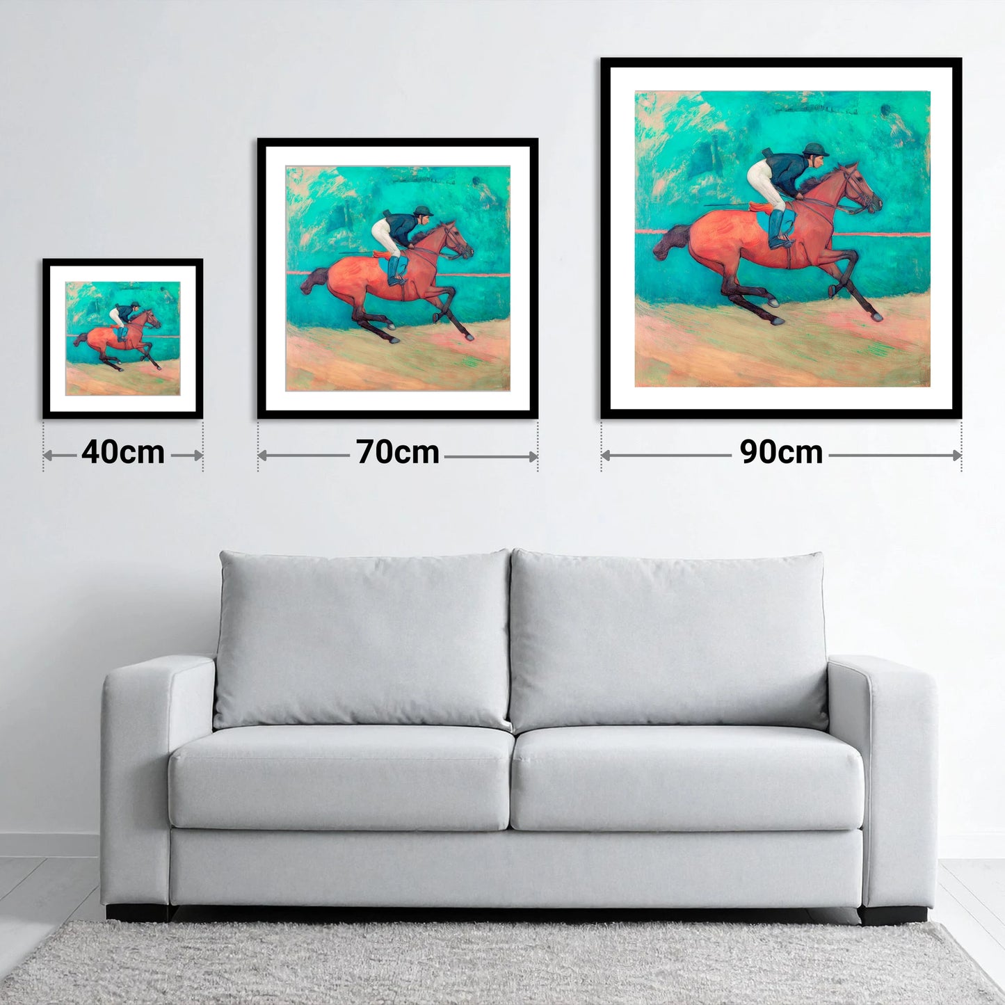 Rhythm in Emerald - size guide showing 40cm, 70cm and 90cm art prints