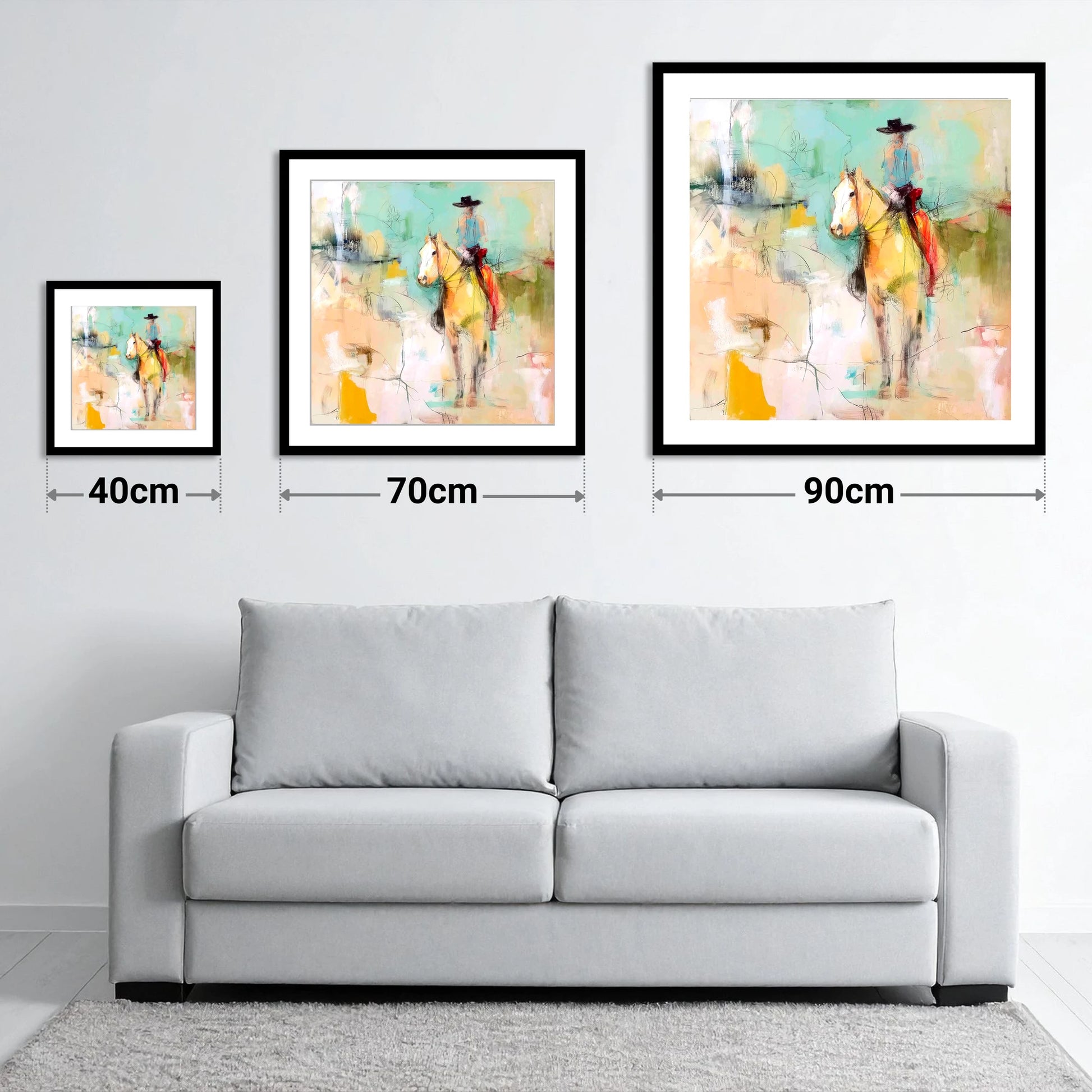 Painted Western Silhouette - size guide showing 40cm, 70cm and 90cm art prints