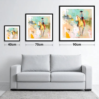 Painted Western Silhouette - size guide showing 40cm, 70cm and 90cm art prints