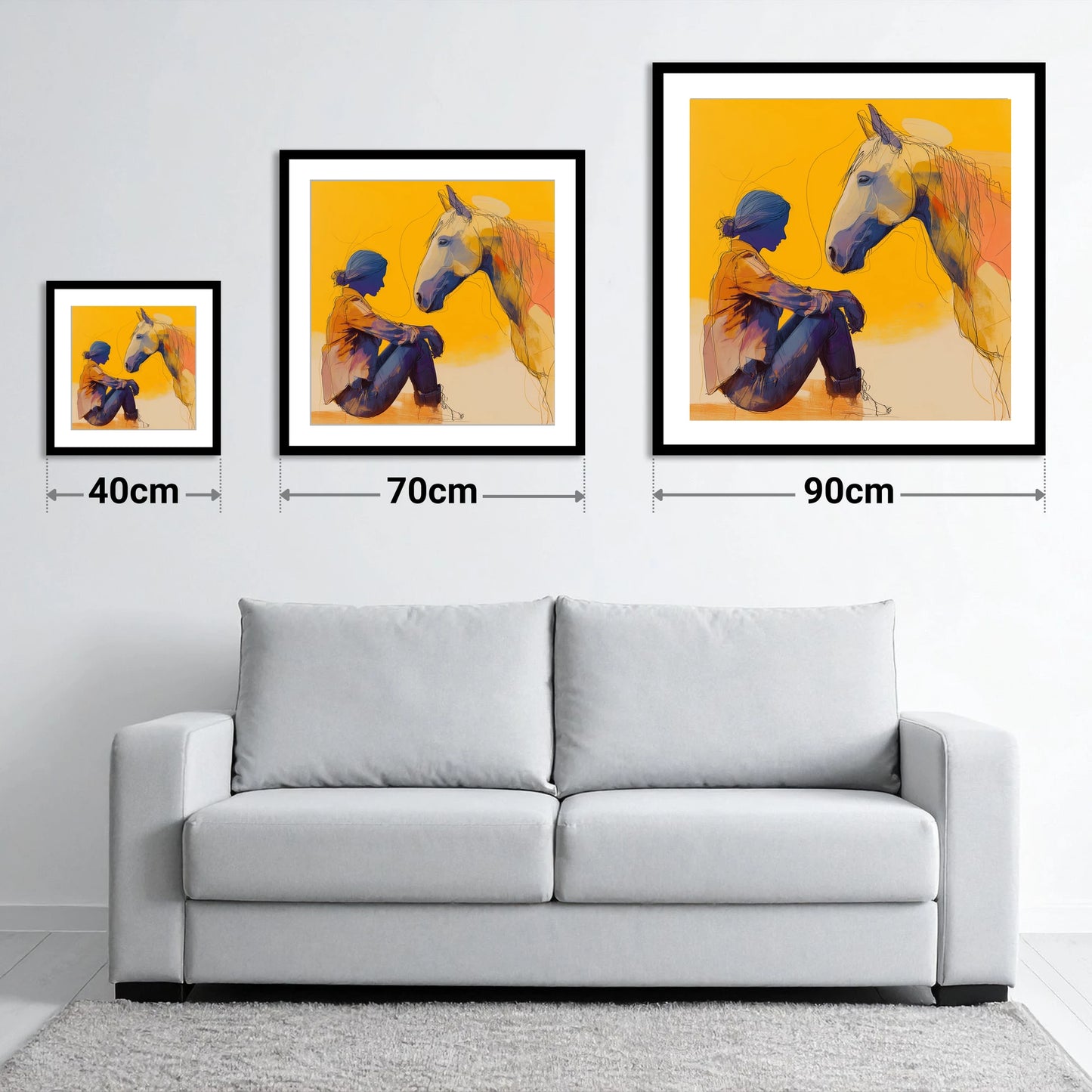 Quiet Communion - size guide showing 40cm, 70cm and 90cm art prints