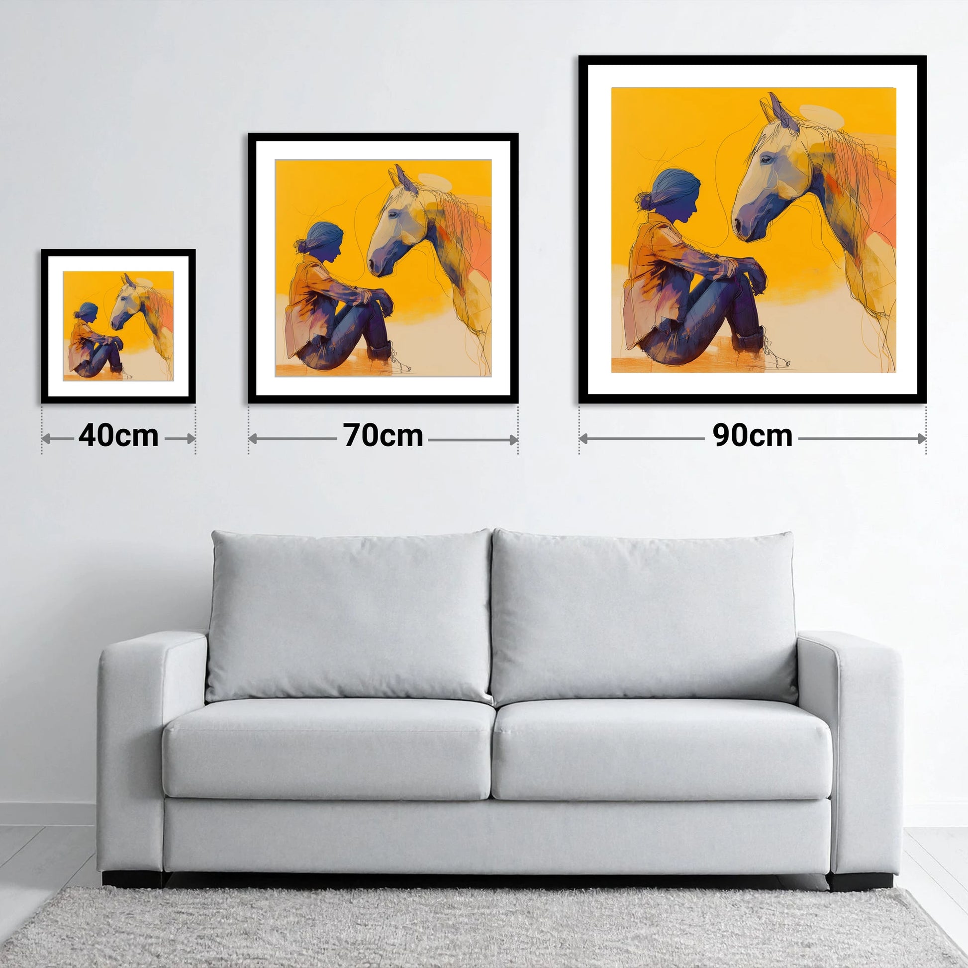 Quiet Communion - size guide showing 40cm, 70cm and 90cm art prints