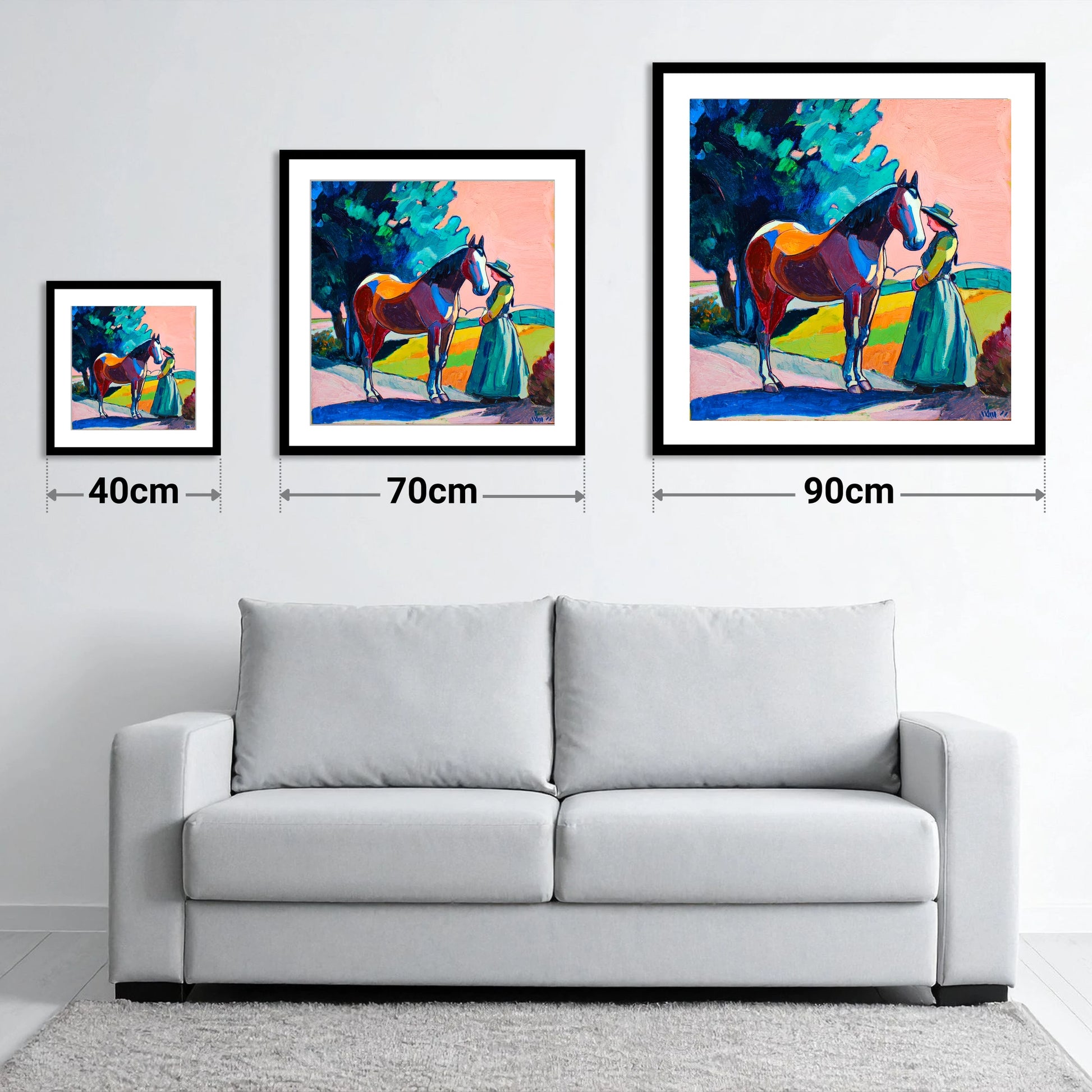 Painted Bond - size guide showing 40cm, 70cm and 90cm art prints
