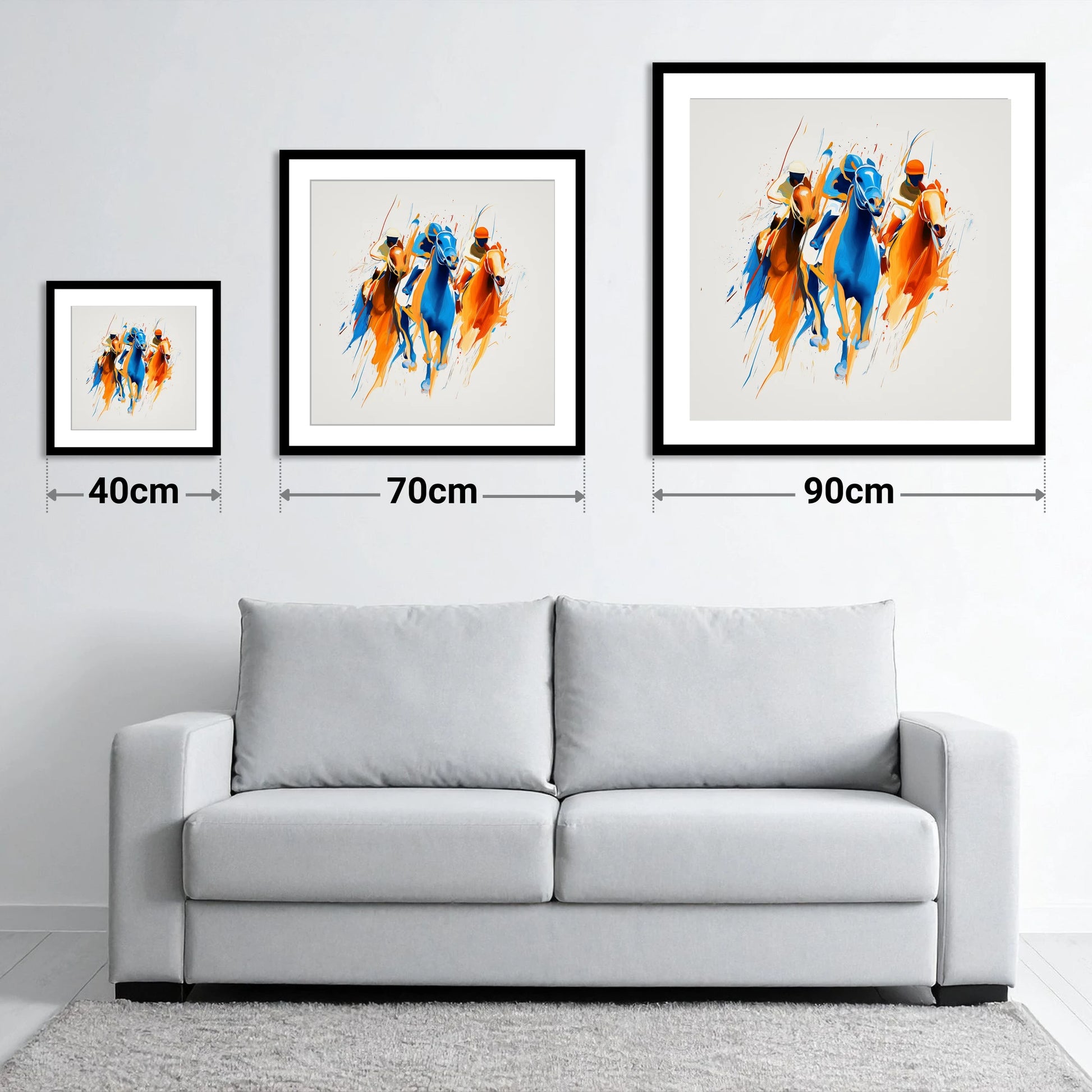 The Front Runners - size guide showing 40cm, 70cm and 90cm art prints