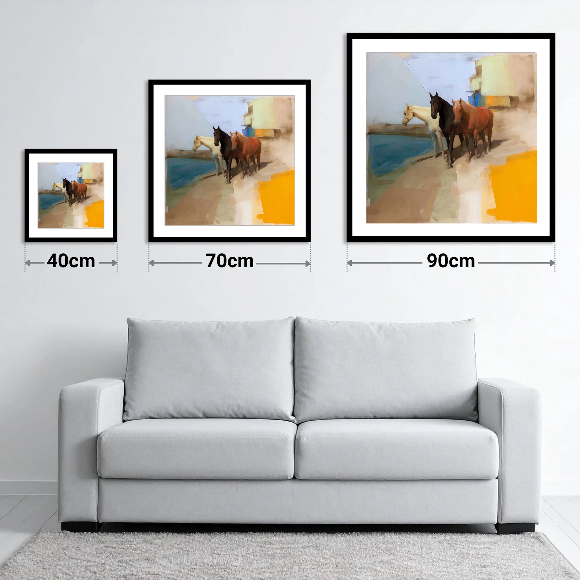 The Waterfront Trio - size guide showing 40cm, 70cm and 90cm art prints