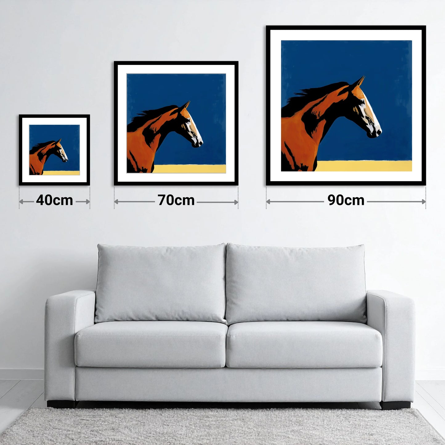 Vibrant Bay Gallop - size guide showing 40cm, 70cm and 90cm art prints