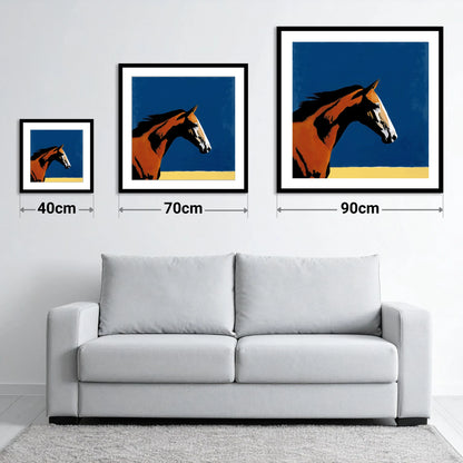 Vibrant Bay Gallop - size guide showing 40cm, 70cm and 90cm art prints