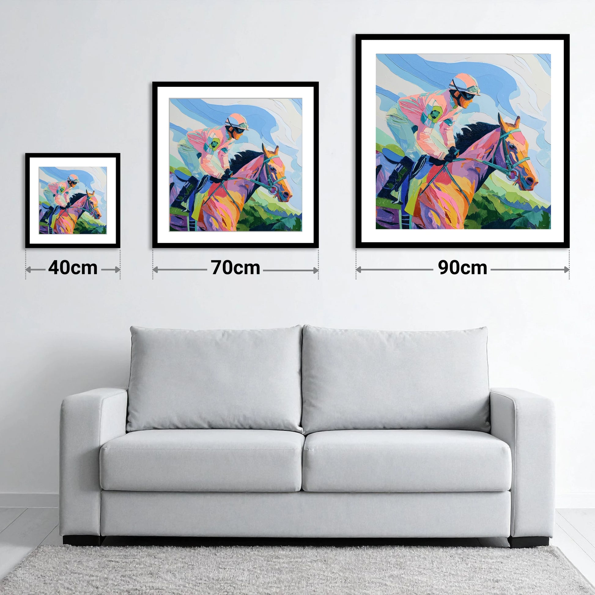 Technicolour Gallop - size guide showing 40cm, 70cm and 90cm art prints