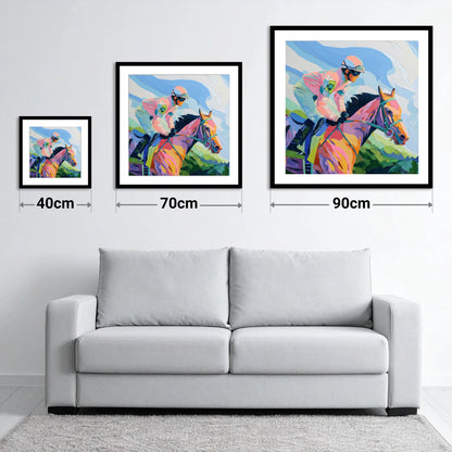 Technicolour Gallop - size guide showing 40cm, 70cm and 90cm art prints