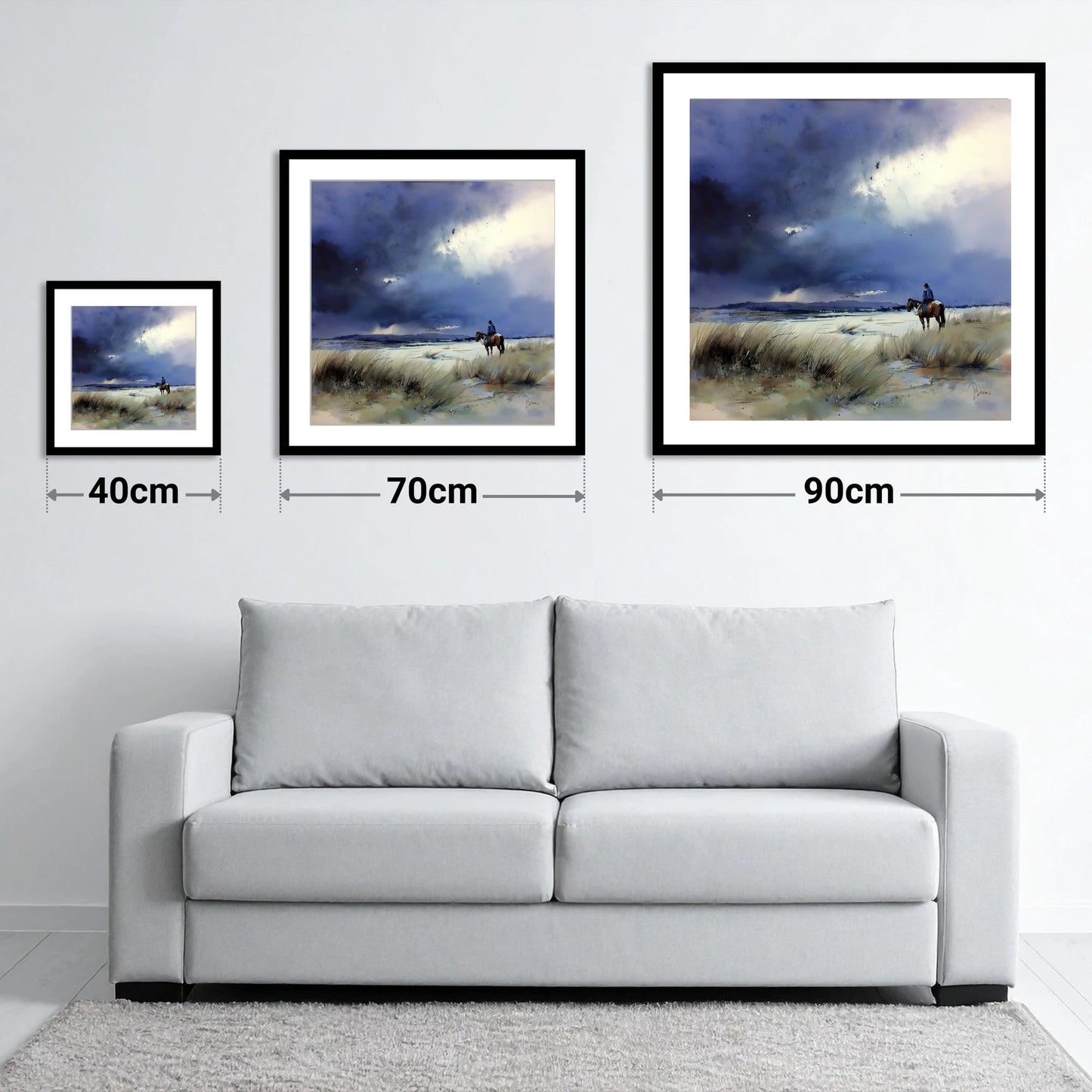 Before the Storm - size guide showing 40cm, 70cm and 90cm art prints