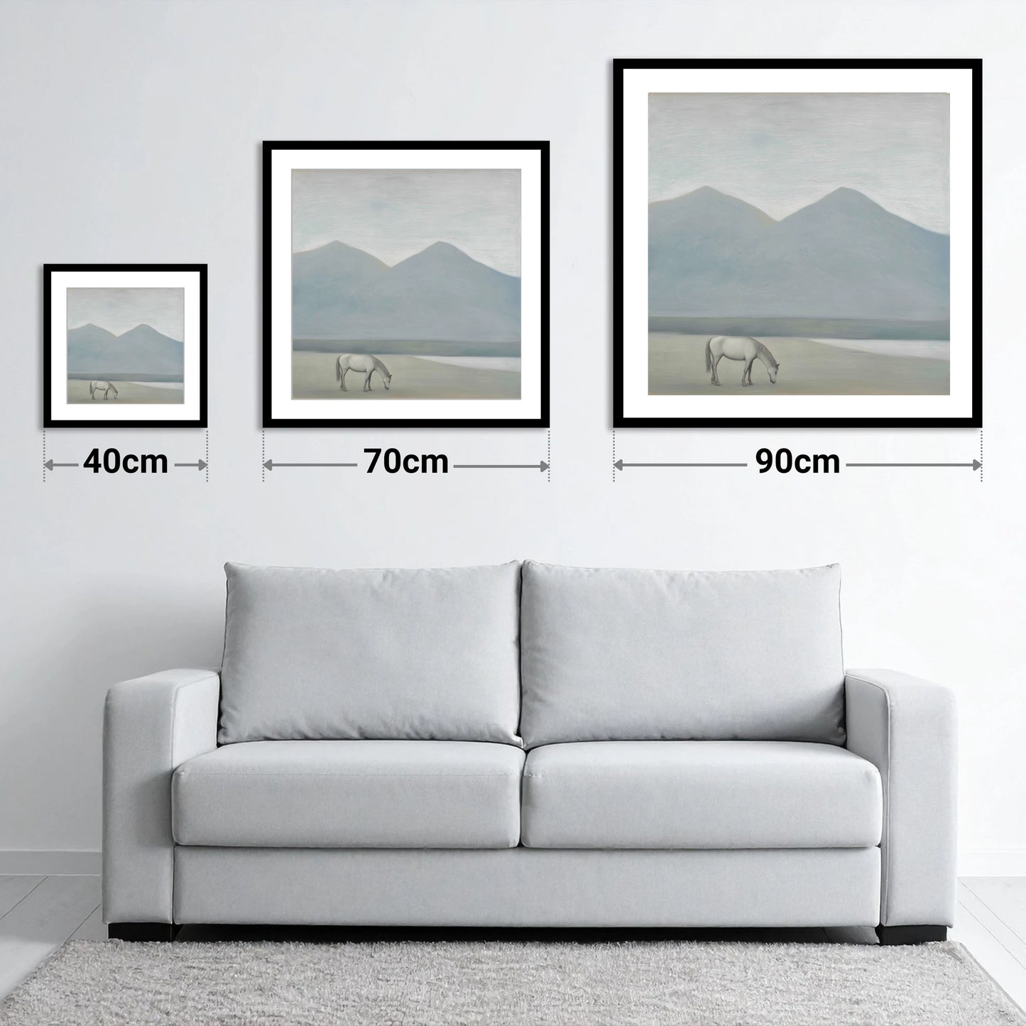 Solitary Mountain Grazing - size guide showing 40cm, 70cm and 90cm art prints