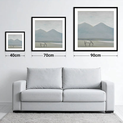Solitary Mountain Grazing - size guide showing 40cm, 70cm and 90cm art prints