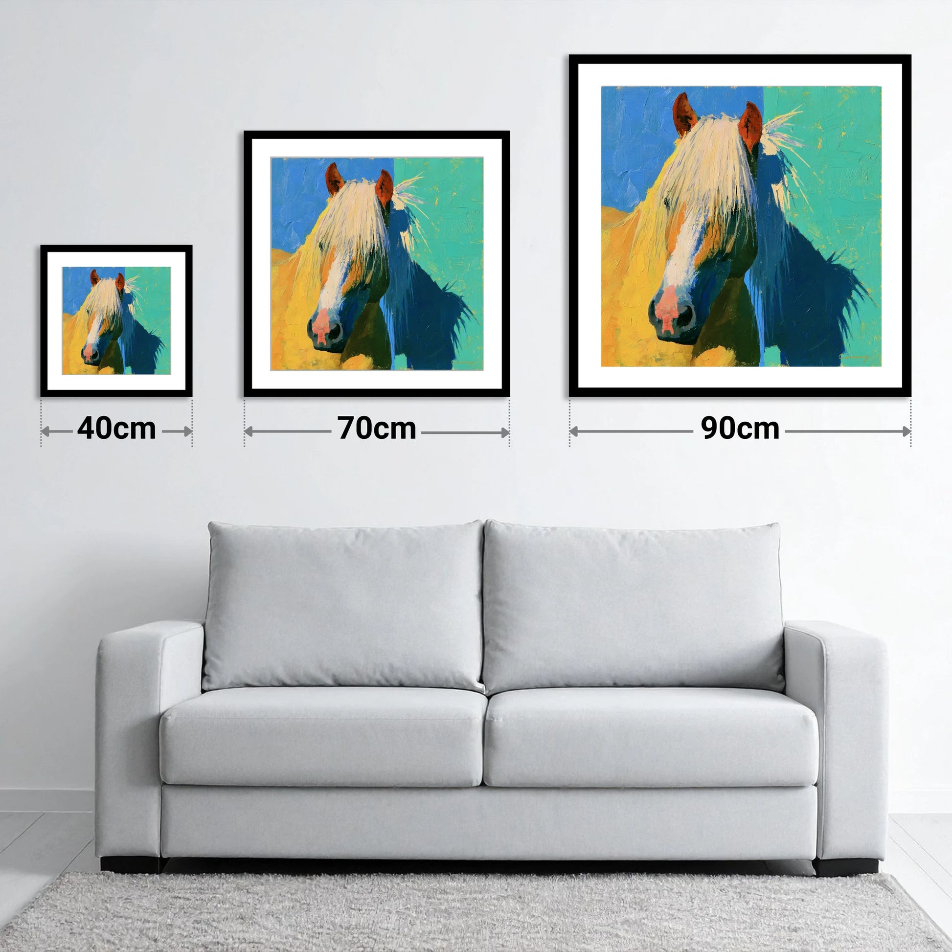Vibrant Palomino Horse Portrait - size guide showing 40cm, 70cm and 90cm art prints