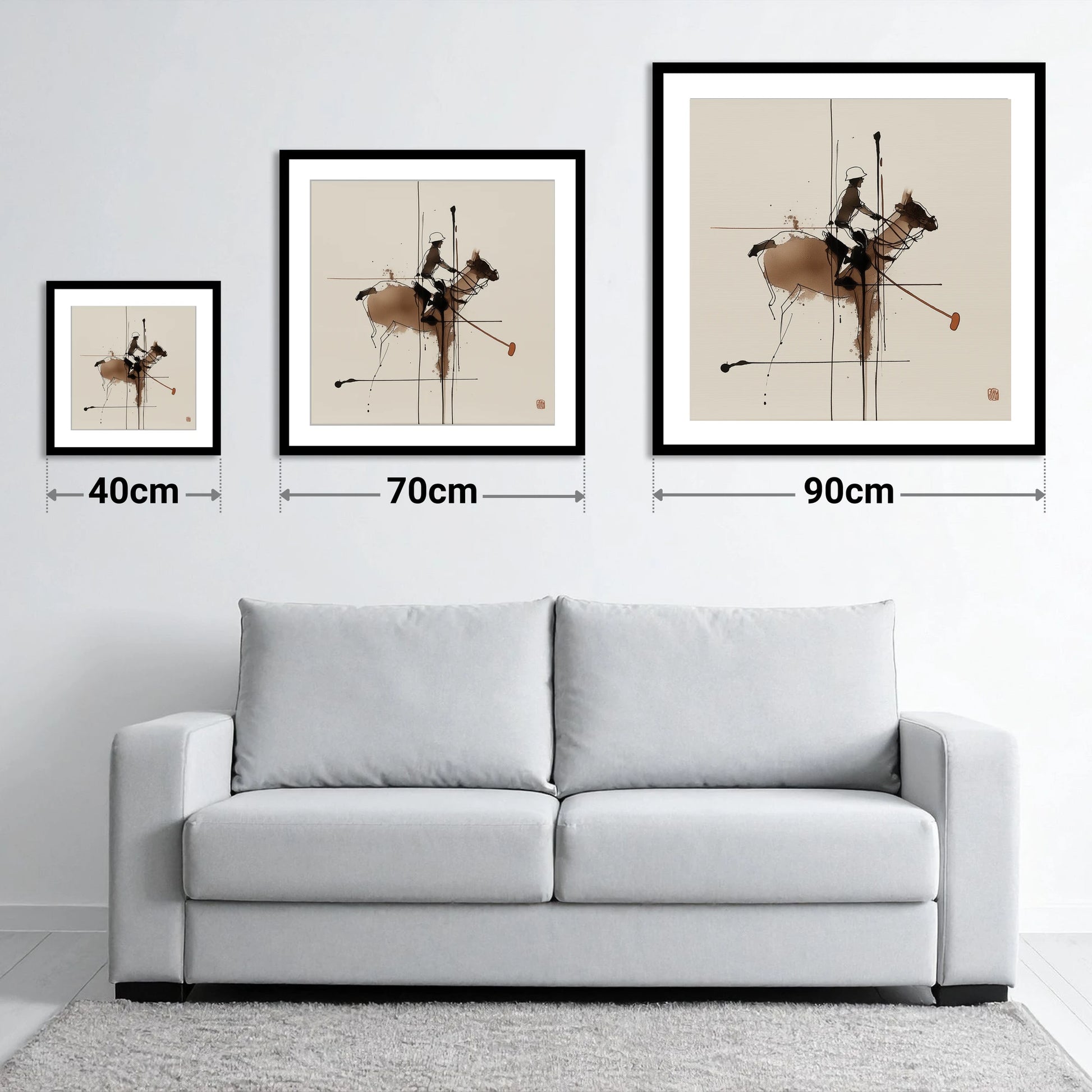 Abstract Polo Strike - size guide showing 40cm, 70cm and 90cm art prints
