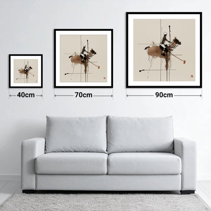 Abstract Polo Strike - size guide showing 40cm, 70cm and 90cm art prints
