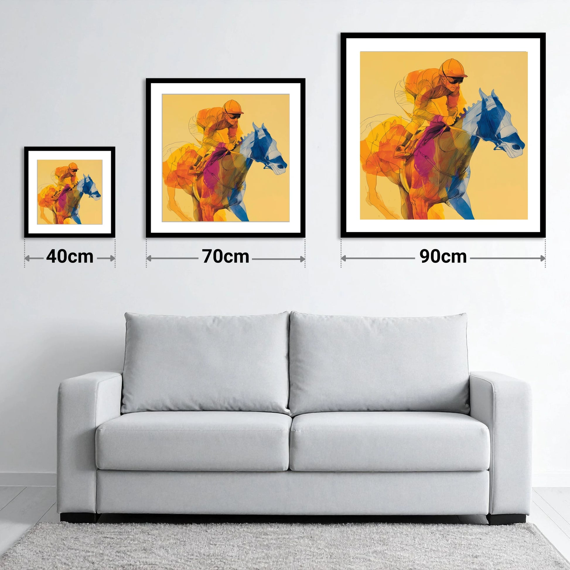 The Golden Furlong - size guide showing 40cm, 70cm and 90cm art prints