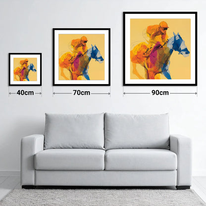 The Golden Furlong - size guide showing 40cm, 70cm and 90cm art prints