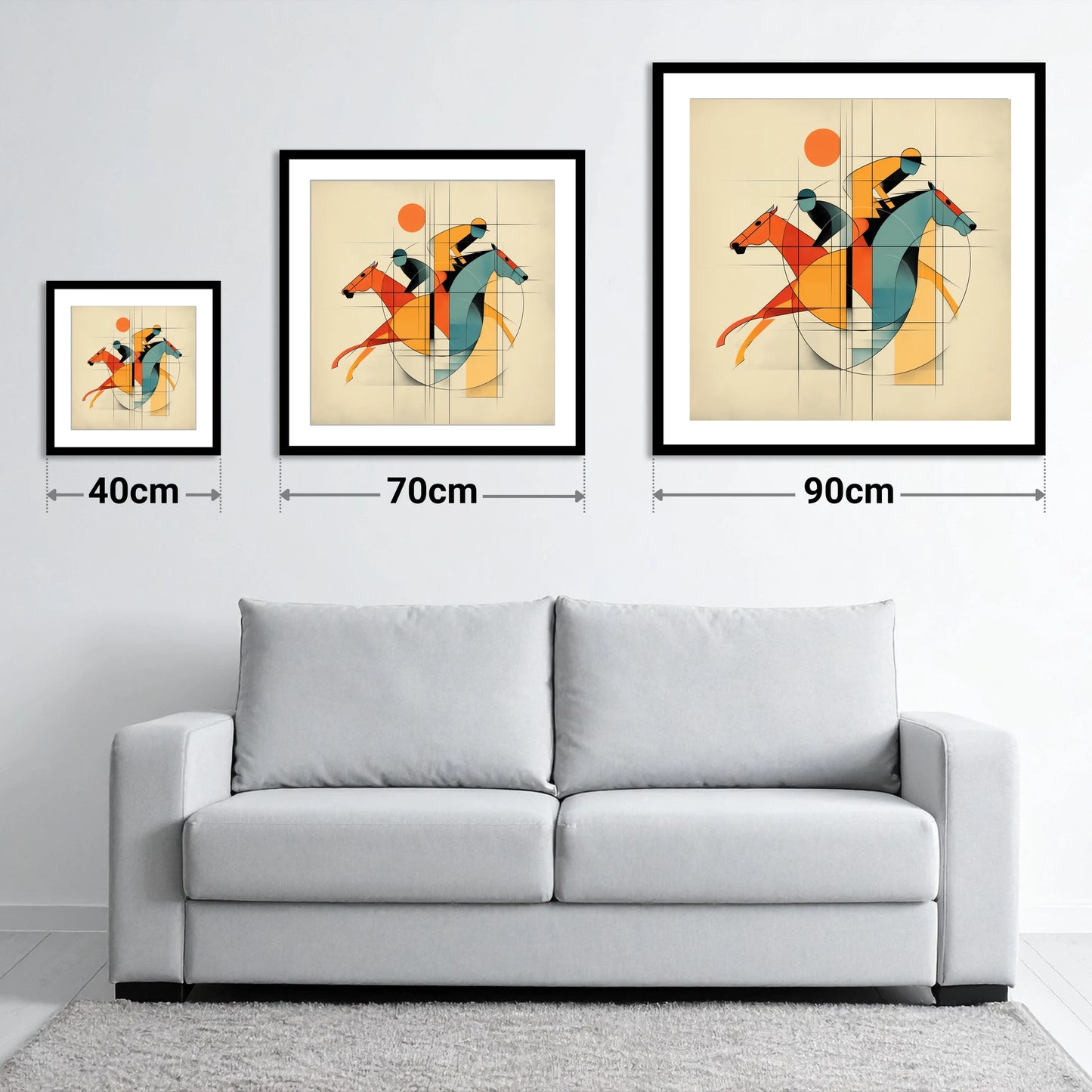 Geometry of the Gallop - size guide showing 40cm, 70cm and 90cm art prints