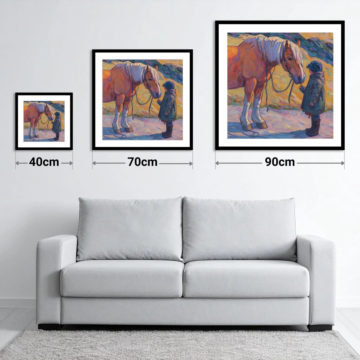 A Gentle Exchange - size guide showing 40cm, 70cm and 90cm art prints