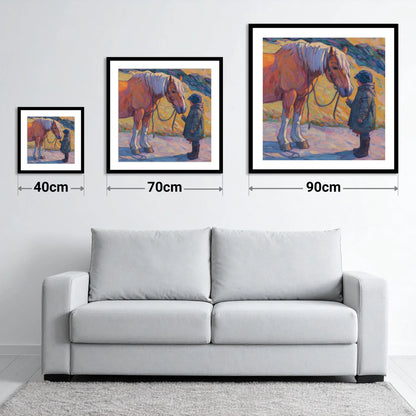 A Gentle Exchange - size guide showing 40cm, 70cm and 90cm art prints