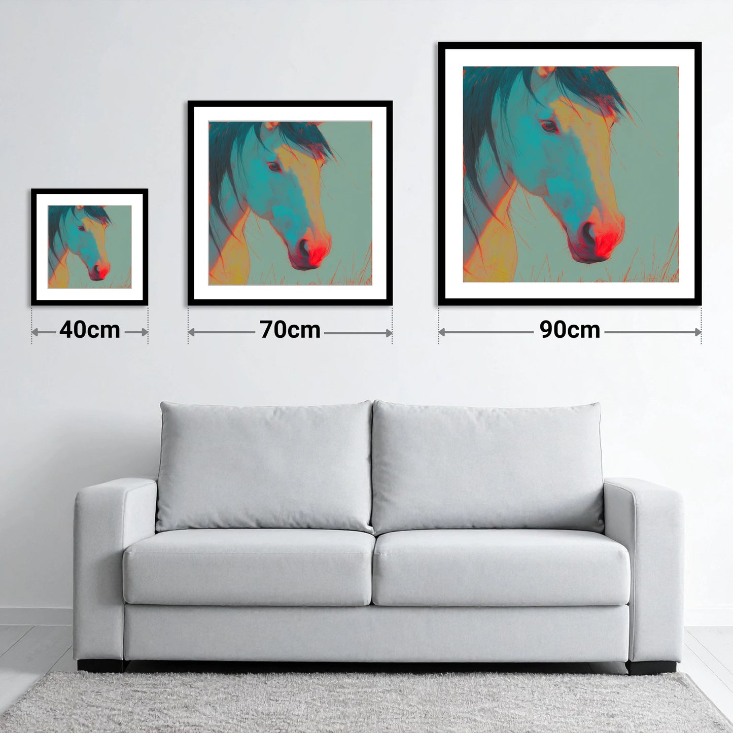 Neon Equine Gaze - size guide showing 40cm, 70cm and 90cm art prints