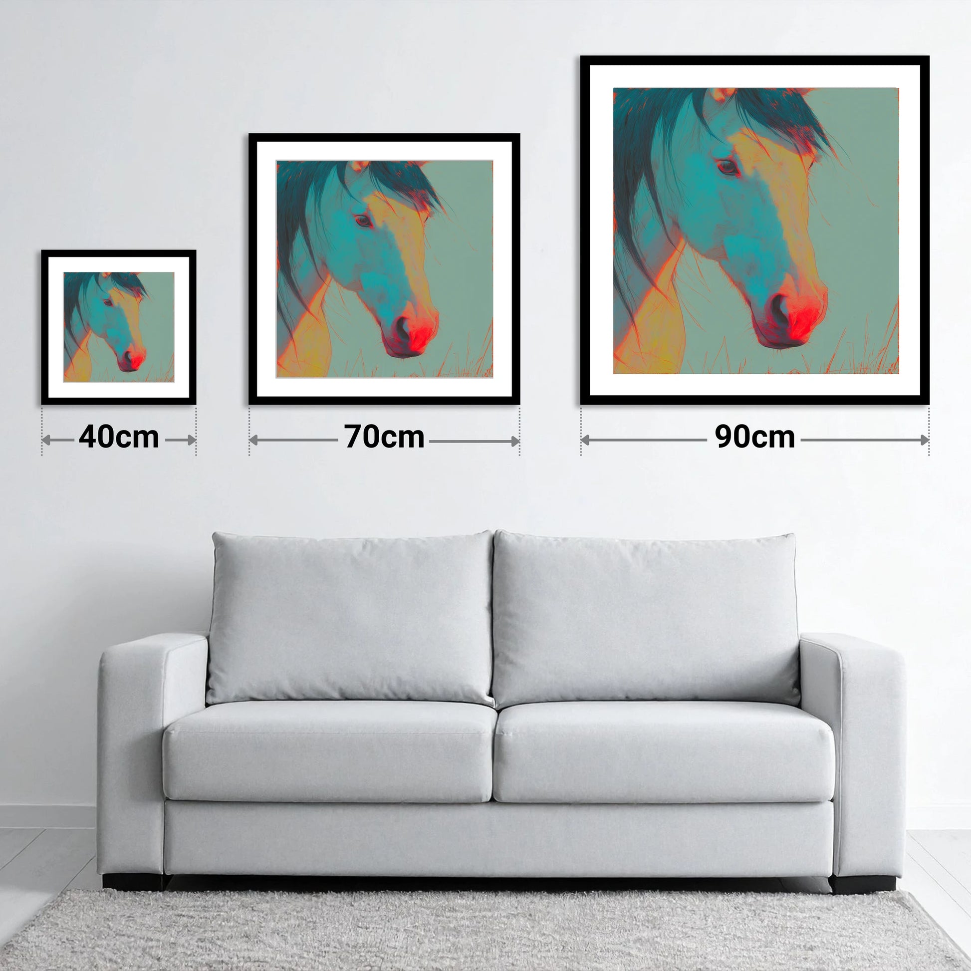 Neon Equine Gaze - size guide showing 40cm, 70cm and 90cm art prints