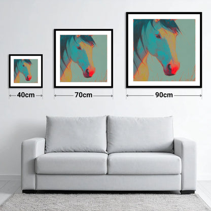 Neon Equine Gaze - size guide showing 40cm, 70cm and 90cm art prints