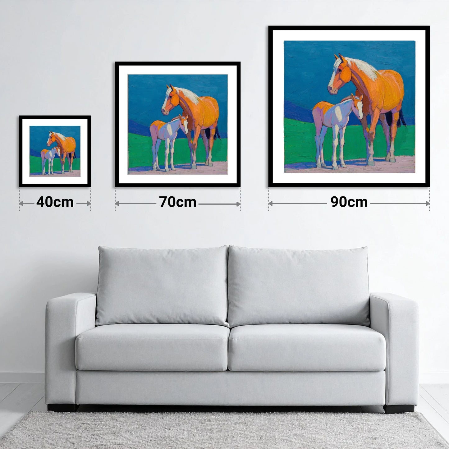 Vivid Summer Bond - size guide showing 40cm, 70cm and 90cm art prints