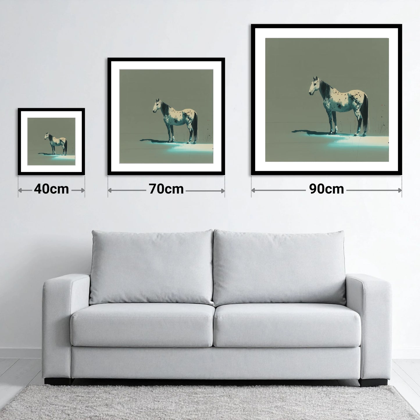 Teal Shadow Appaloosa - size guide showing 40cm, 70cm and 90cm art prints