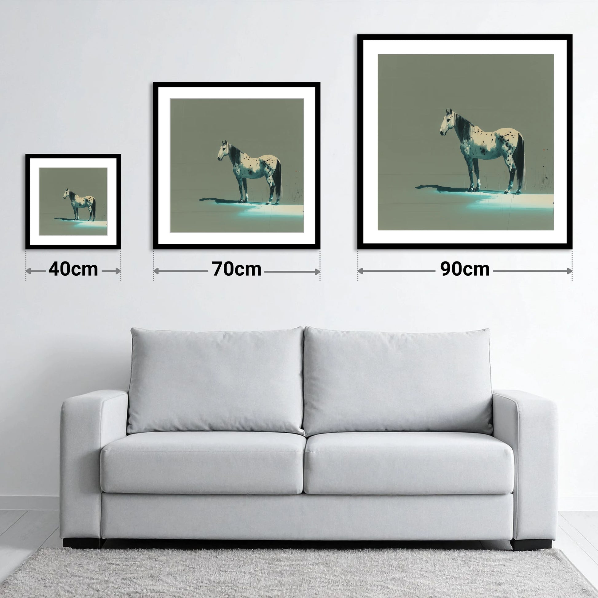Teal Shadow Appaloosa - size guide showing 40cm, 70cm and 90cm art prints