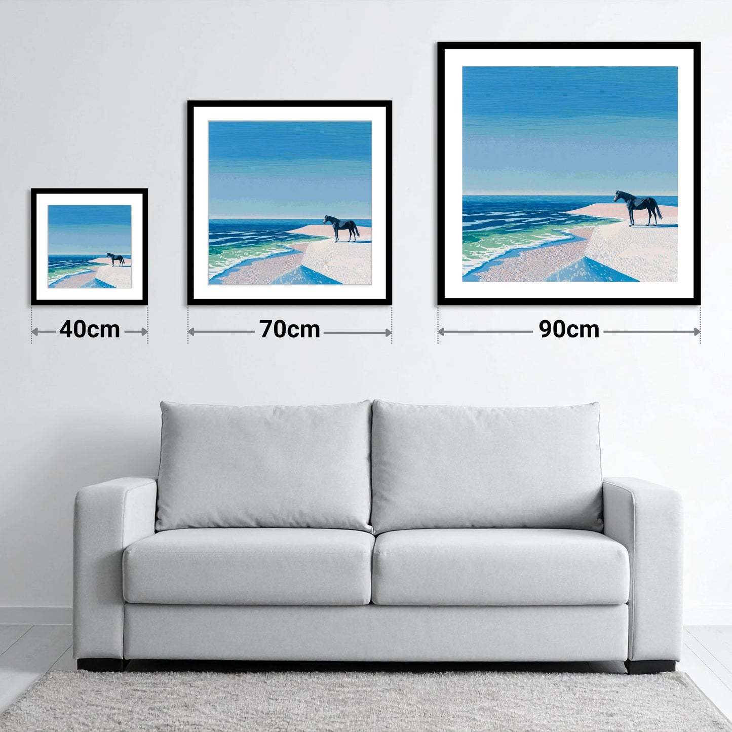 Coastal Solitude - size guide showing 40cm, 70cm and 90cm art prints