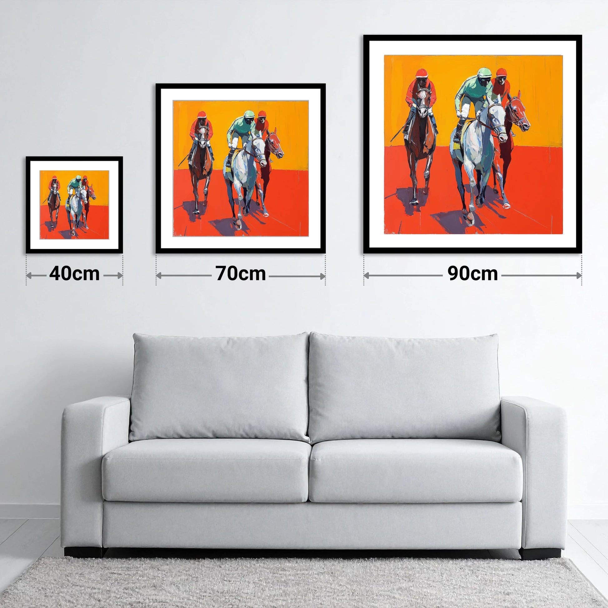 Heat of the Race - size guide showing 40cm, 70cm and 90cm art prints