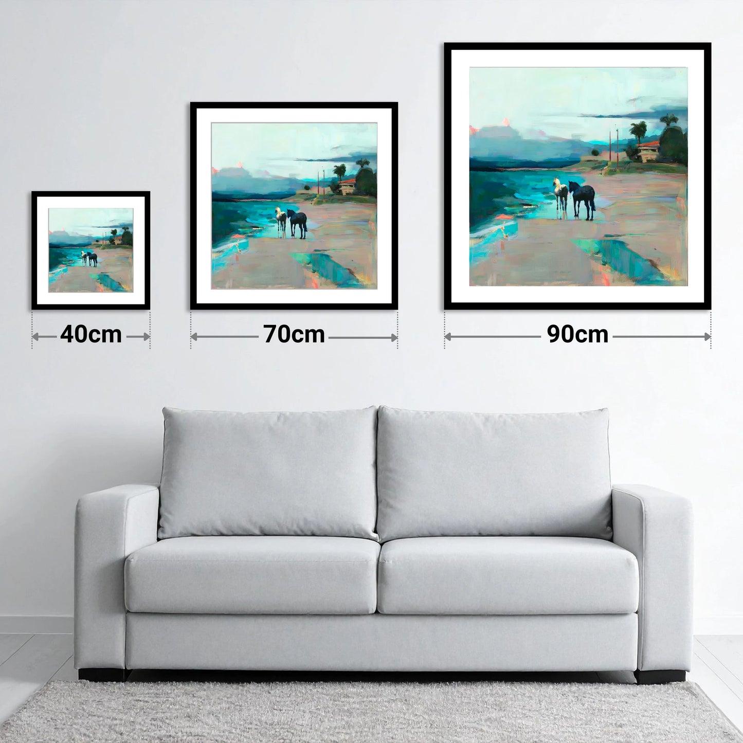 Dusk on the Shoreline - size guide showing 40cm, 70cm and 90cm art prints