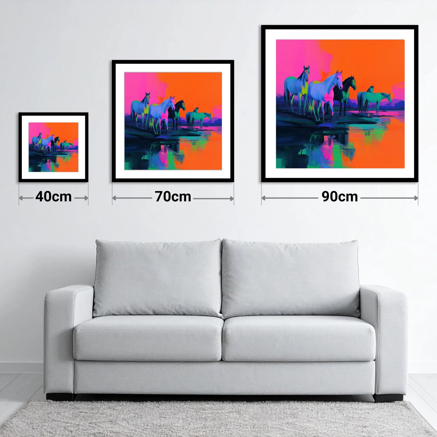 Electric Sunset Herd - size guide showing 40cm, 70cm and 90cm art prints