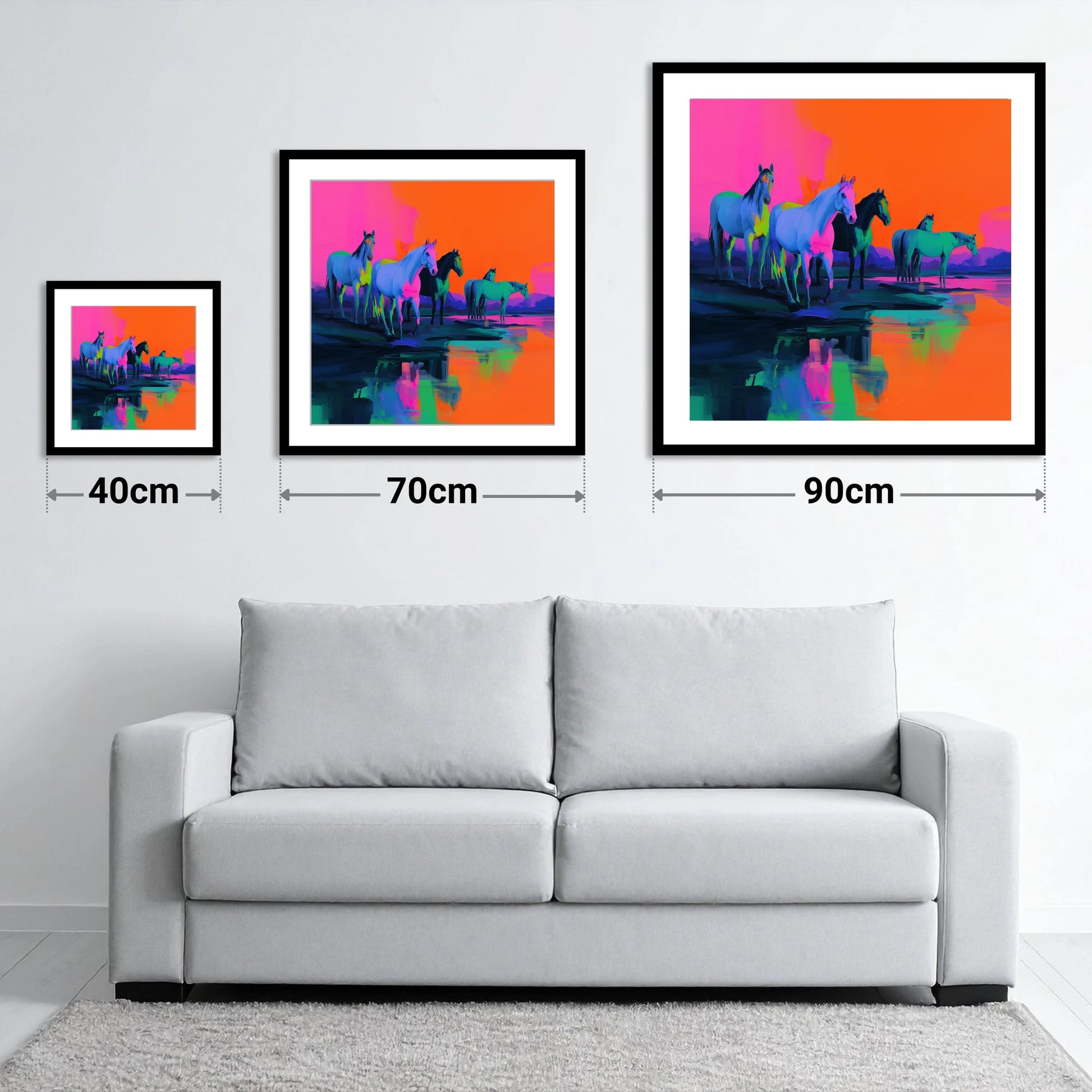 Electric Sunset Herd - size guide showing 40cm, 70cm and 90cm art prints