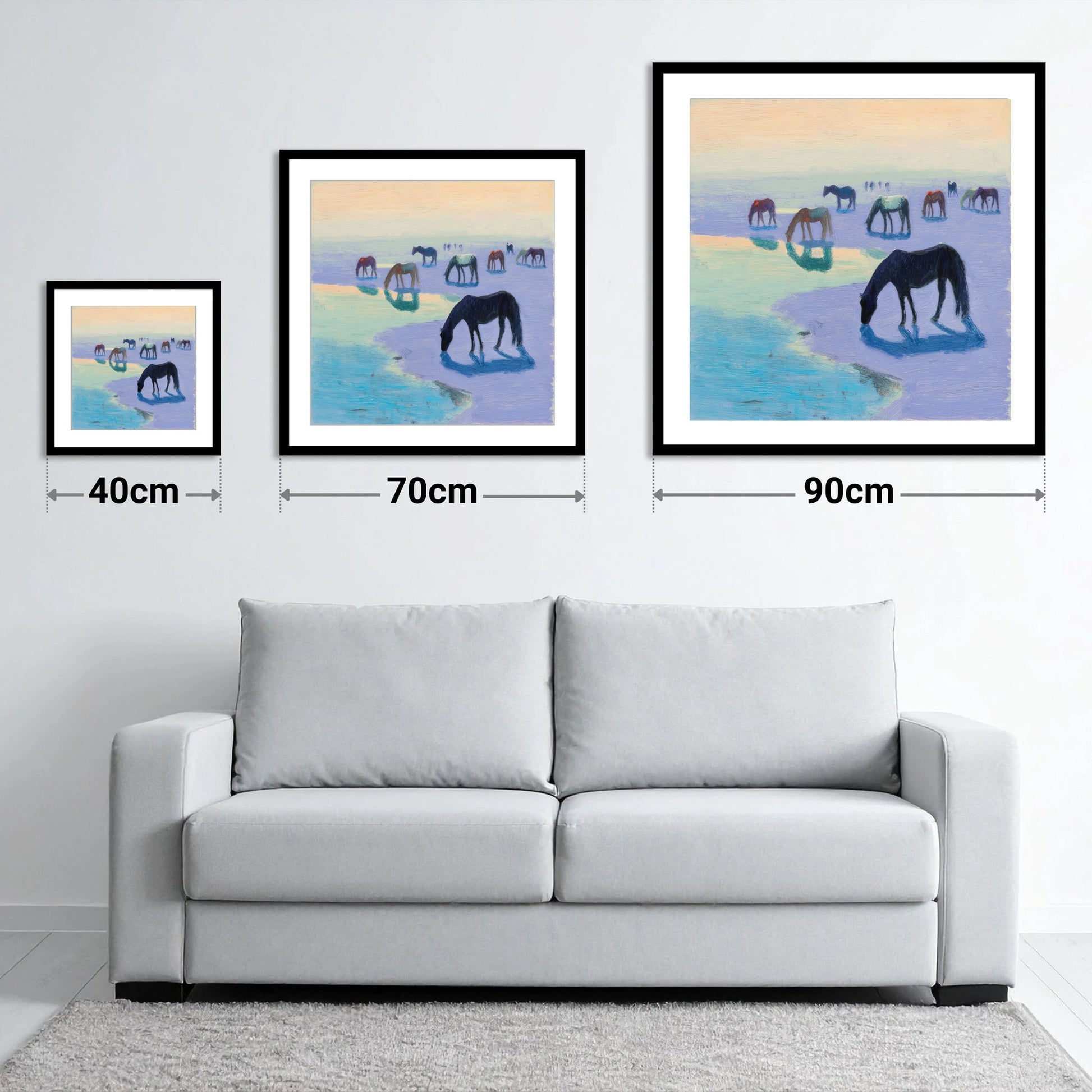 Lavender Tide Grazers - size guide showing 40cm, 70cm and 90cm art prints