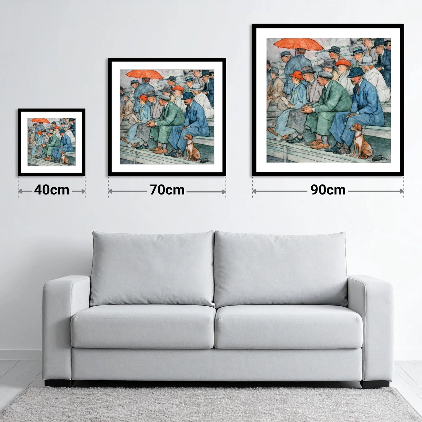 The Grandstand Crowd - size guide showing 40cm, 70cm and 90cm art prints