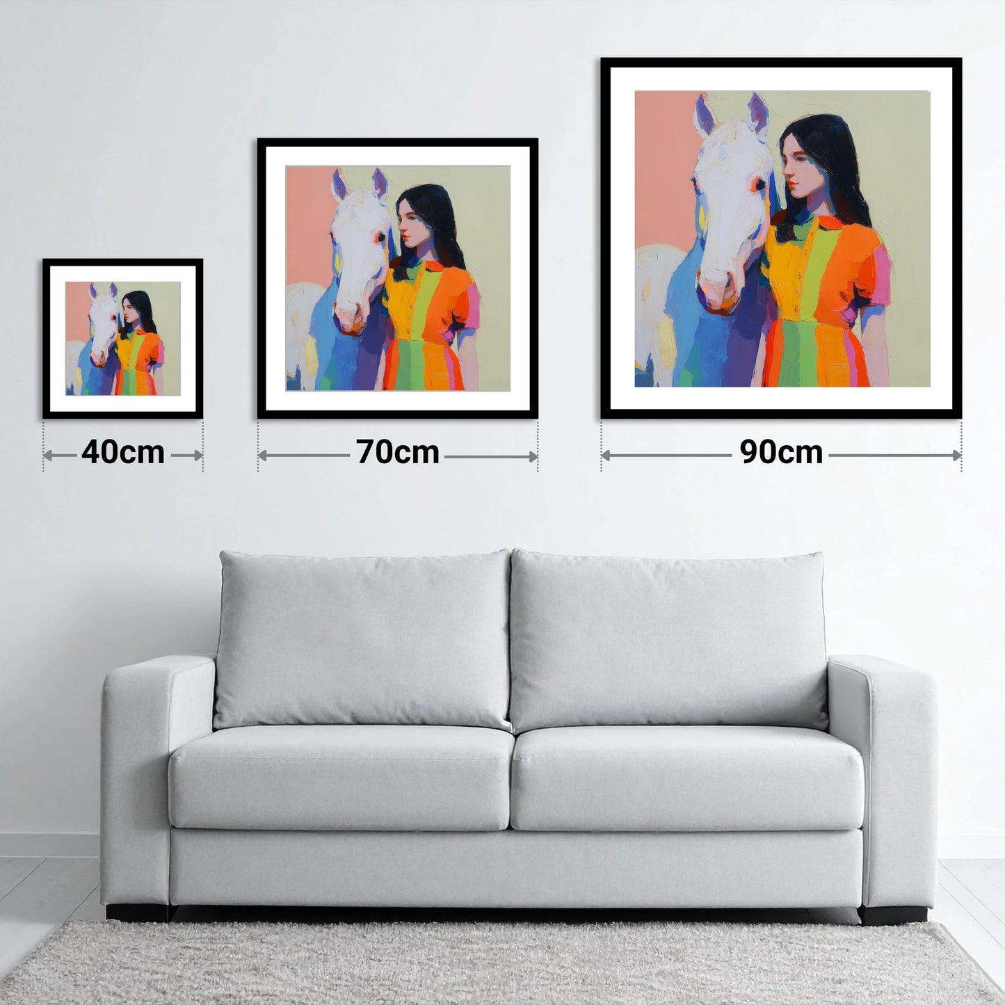 Vibrant Harmony - size guide showing 40cm, 70cm and 90cm art prints
