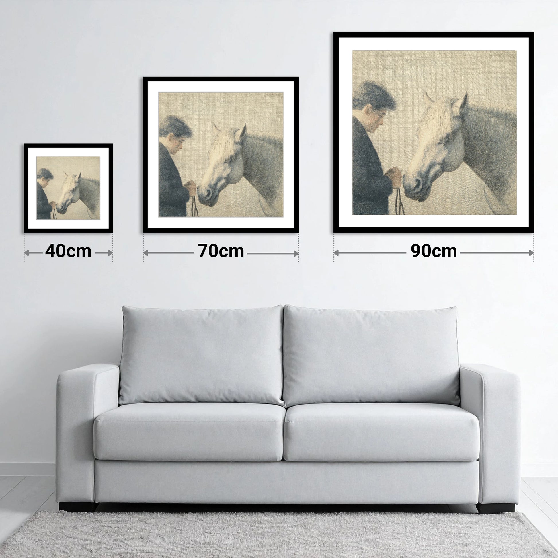 The Quiet Bond - size guide showing 40cm, 70cm and 90cm art prints