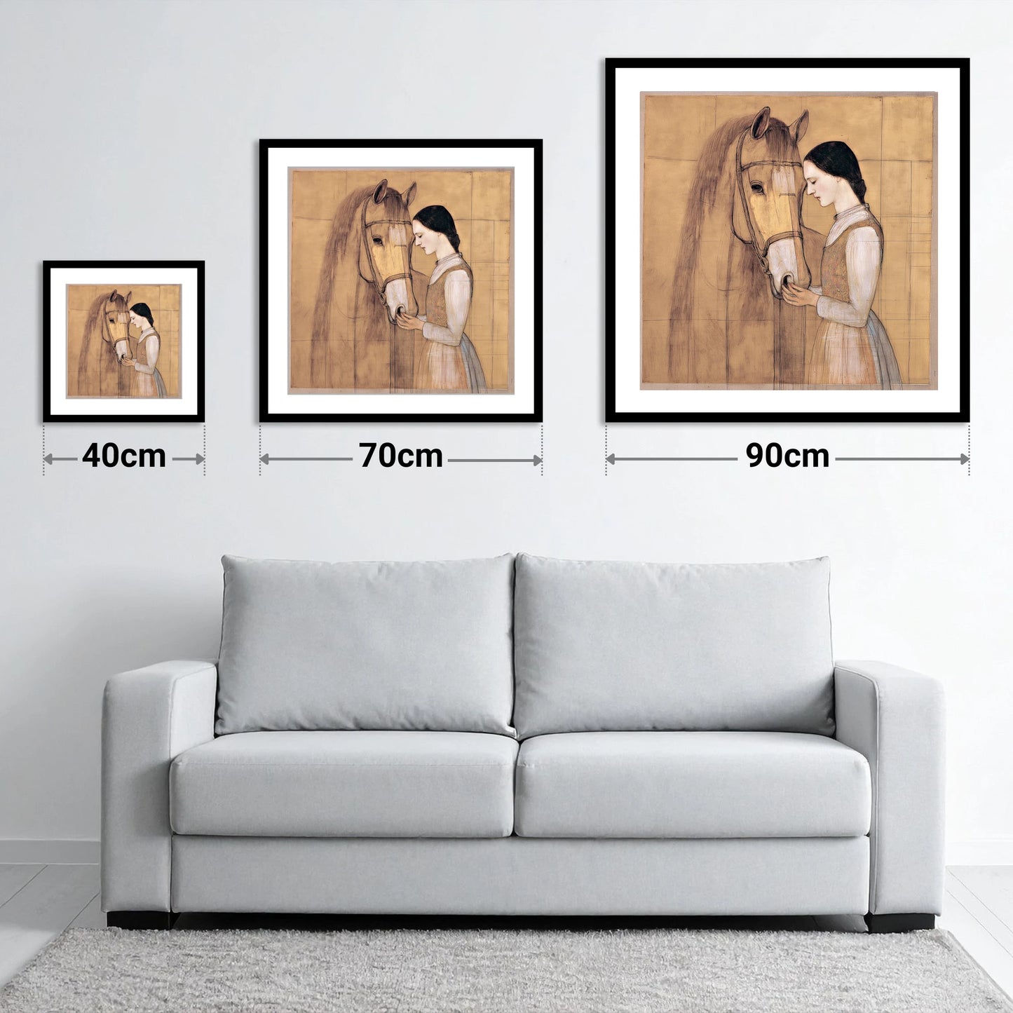 Quiet Connection - size guide showing 40cm, 70cm and 90cm art prints