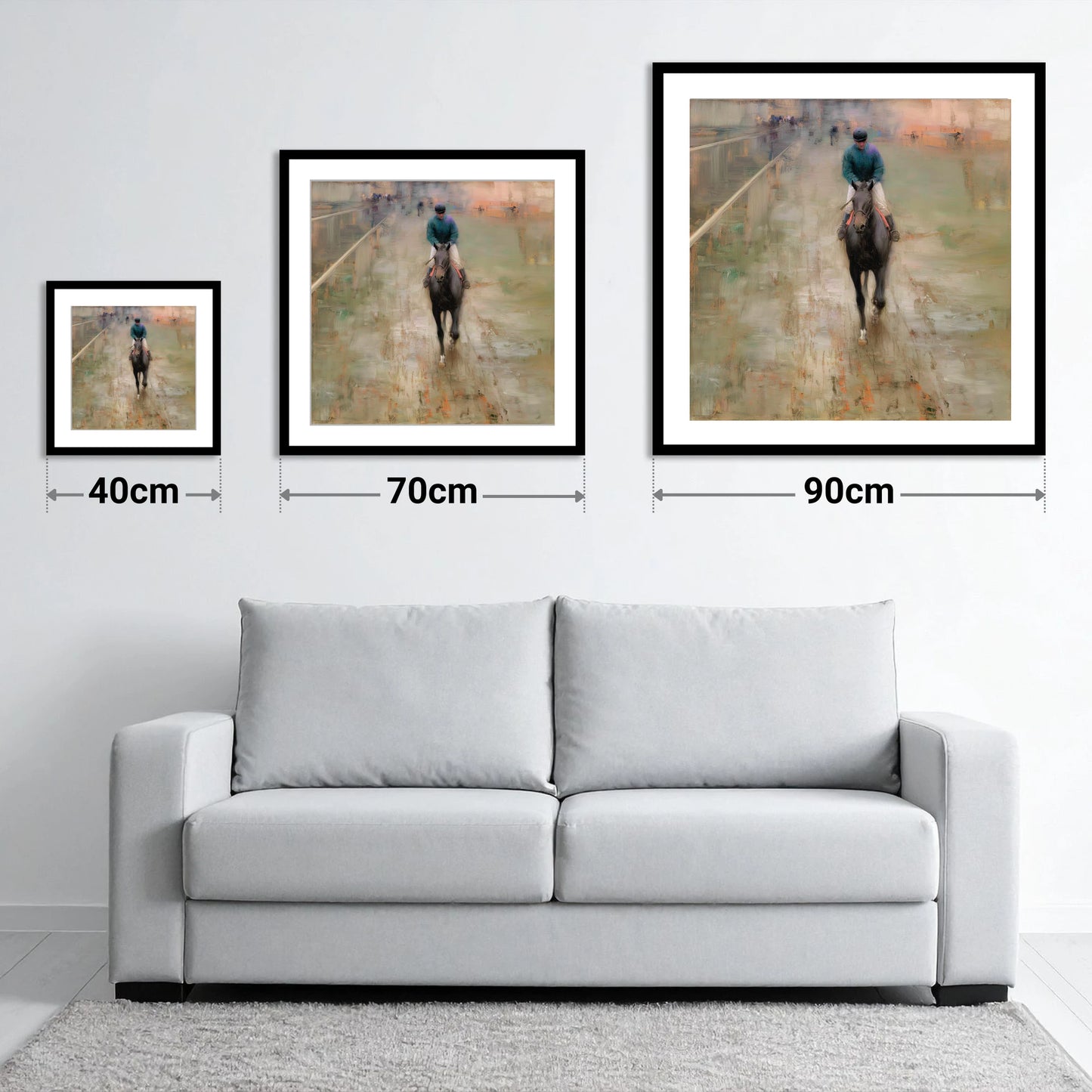 Dawn on the Turf - size guide showing 40cm, 70cm and 90cm art prints