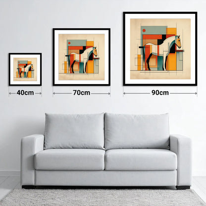 Modernist Equine Profile - size guide showing 40cm, 70cm and 90cm art prints