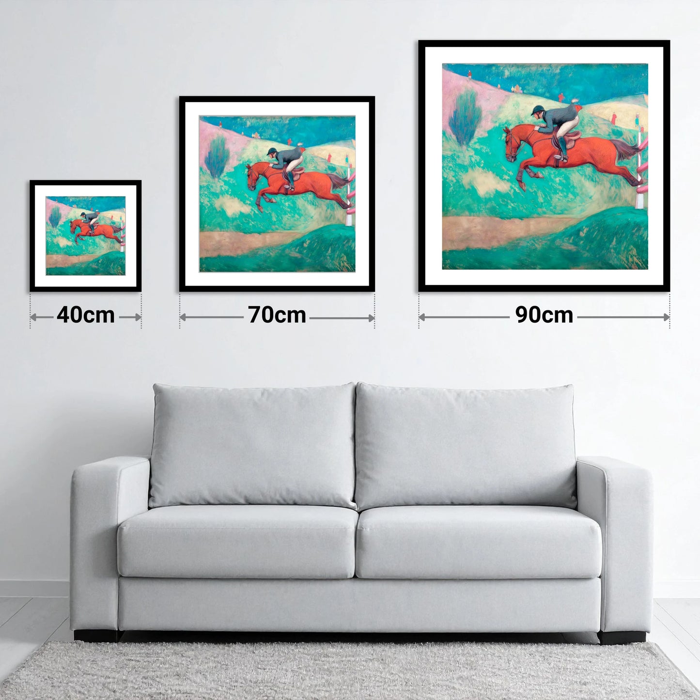 Flight Over Emerald Hills - size guide showing 40cm, 70cm and 90cm art prints