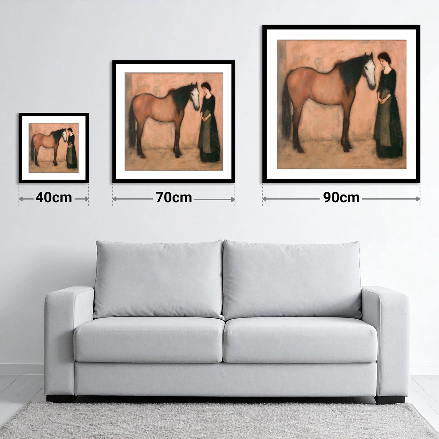 The Quiet Bond - size guide showing 40cm, 70cm and 90cm art prints