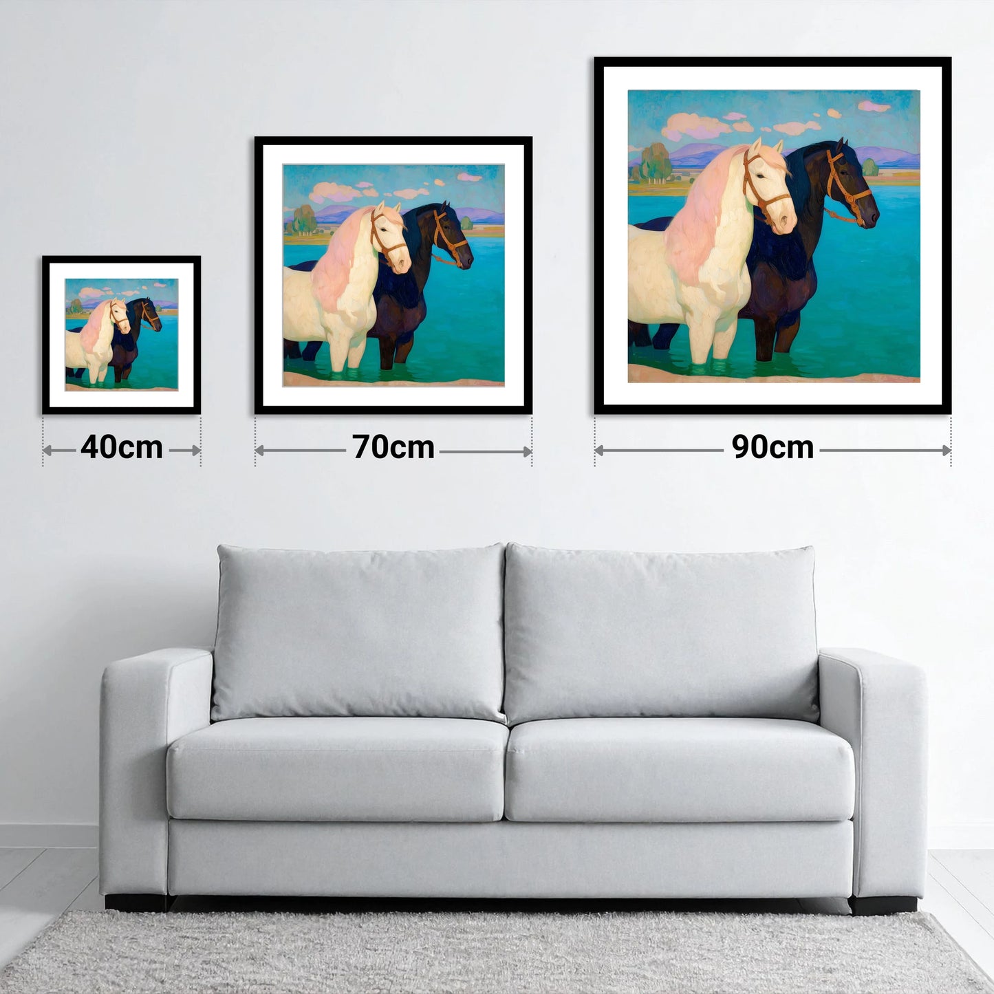 Cooling in the Shallows - size guide showing 40cm, 70cm and 90cm art prints